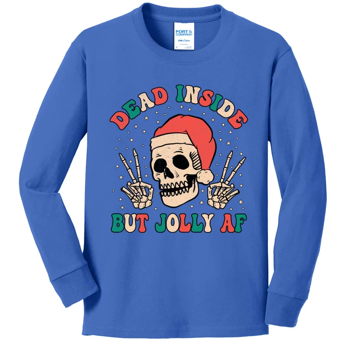 Dead Inside But Jolly Af Funny Skeleton Holiday Christmas Gift Kids Long Sleeve Shirt