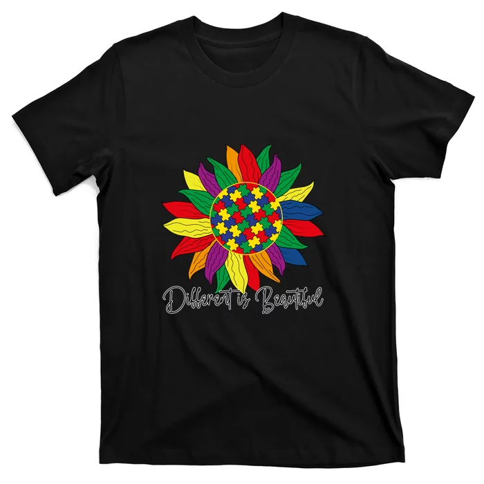 Different Is Beautiful Sunflower Puzzle Autism Awareness Month Gift T-Shirt