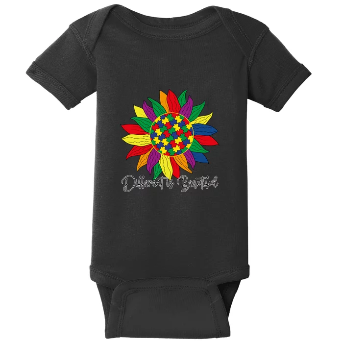 Different Is Beautiful Sunflower Puzzle Autism Awareness Month Gift Baby Bodysuit