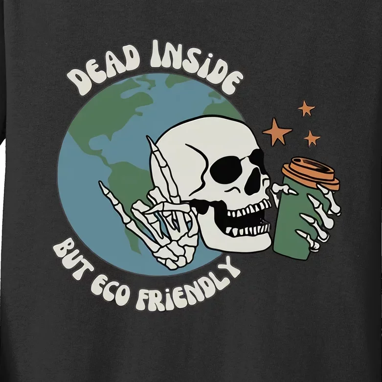 Dead Inside But Eco Friendly Skeleton Earth Day Skeleton Coffee Lover Kids Long Sleeve Shirt