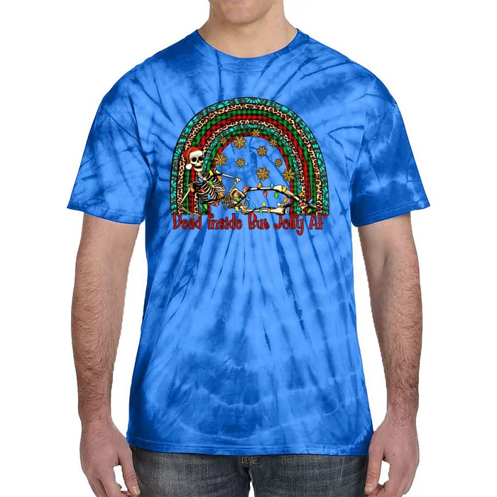 Dead Inside But Jolly Af Rainbow Christmas Skeleton Funny Gift Tie-Dye T-Shirt