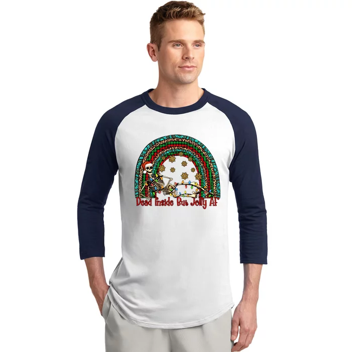 Dead Inside But Jolly Af Rainbow Christmas Skeleton Funny Gift Baseball Sleeve Shirt