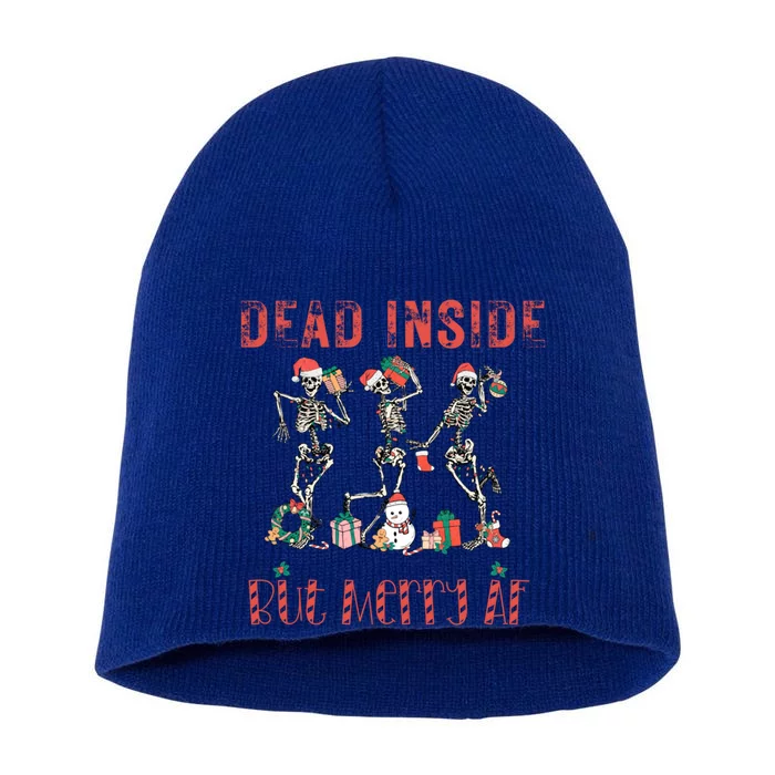 Dead Inside But Merry Af Funny Dancing Skeletons Christmas Gift Short Acrylic Beanie