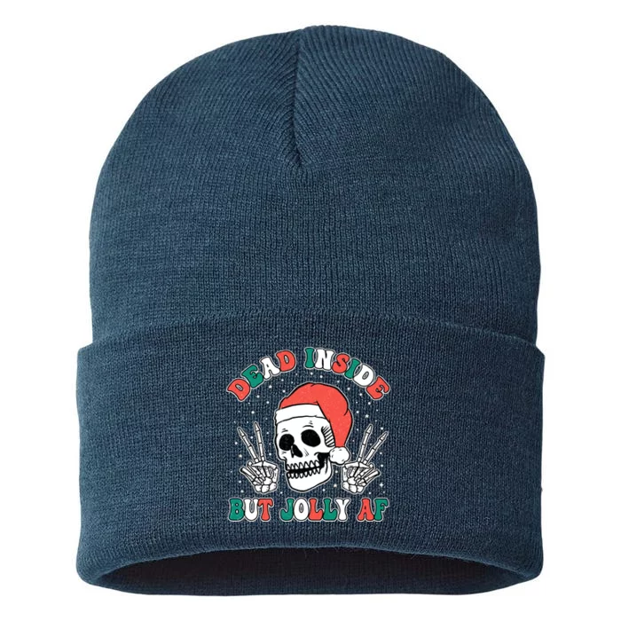 Dead Inside But Jolly Af Christmas Spirit Skeleton Skull Sustainable Knit Beanie