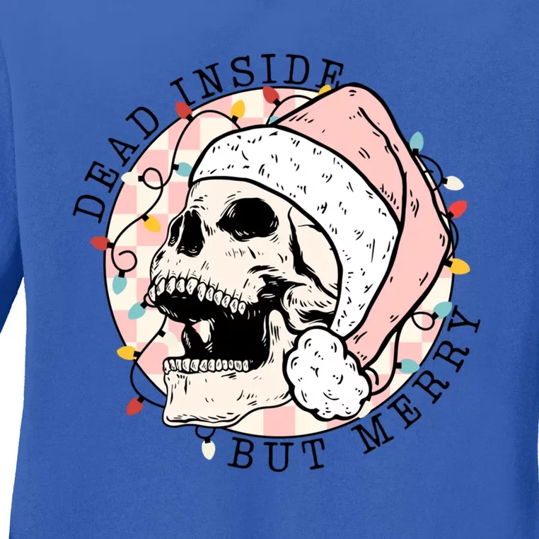 Dead Inside But Merry Christmas Skull Skeleton Santa Hat Gift Ladies Long Sleeve Shirt