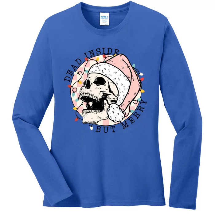 Dead Inside But Merry Christmas Skull Skeleton Santa Hat Gift Ladies Long Sleeve Shirt