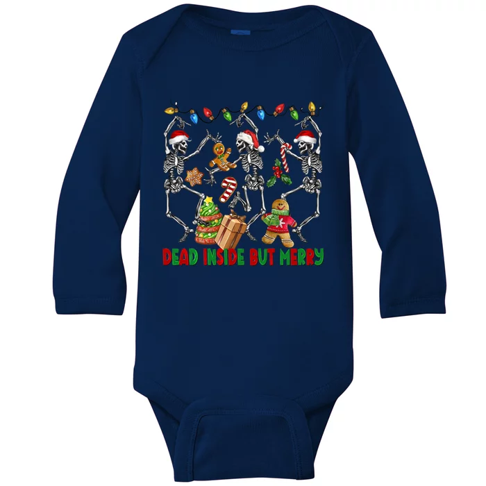 Dead Inside But Merry Funny Dancing Skeleton Christmas Cakes Funny Gift Baby Long Sleeve Bodysuit