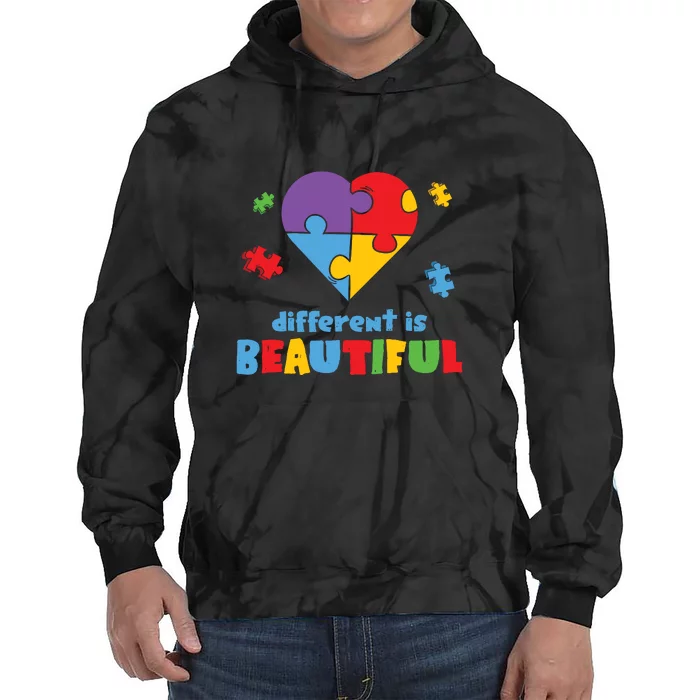 Different Is Beautiful Autism Awareness Day Heart Puzzle Tie Dye Hoodie