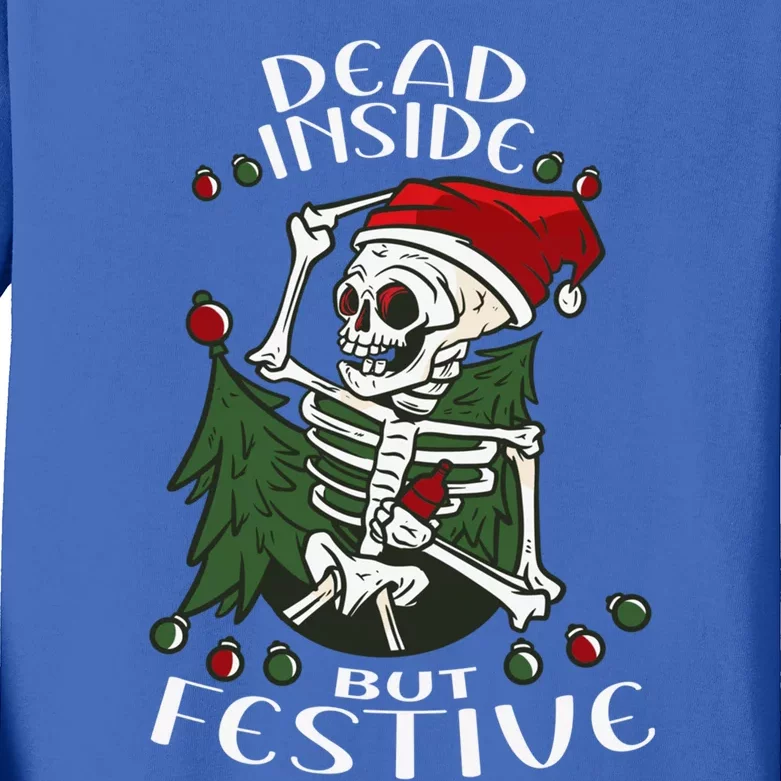 Dead Inside But Festive Drunk Christmas Skeleton Santa Funny Gift Kids Long Sleeve Shirt