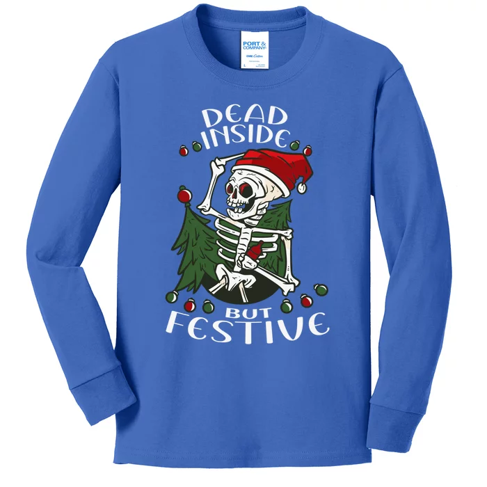 Dead Inside But Festive Drunk Christmas Skeleton Santa Funny Gift Kids Long Sleeve Shirt