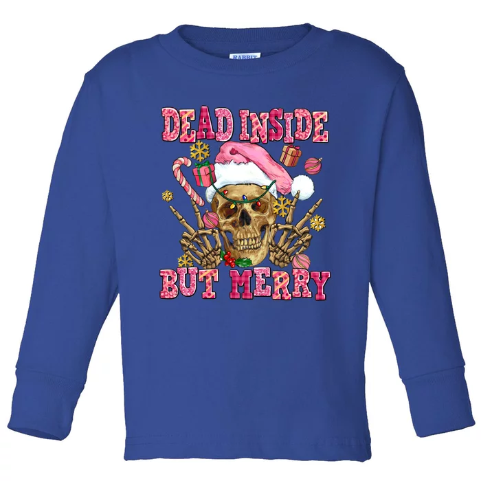 Dead Inside But Merry Pink Christmas Skeleton Santa Hat Gift Toddler Long Sleeve Shirt