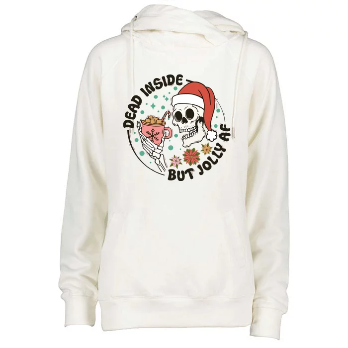 Dead Inside But Jolly Af Skeleton Xmas Santa Skull Womens Funnel Neck Pullover Hood