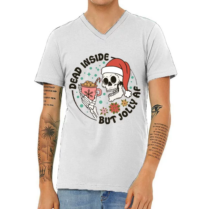 Dead Inside But Jolly Af Skeleton Xmas Santa Skull V-Neck T-Shirt