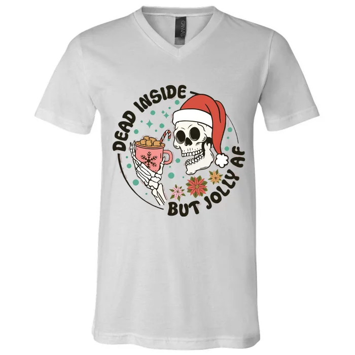 Dead Inside But Jolly Af Skeleton Xmas Santa Skull V-Neck T-Shirt