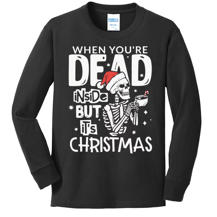 Dead Inside But Jolly Af Christmas Skeleton Kids Long Sleeve Shirt