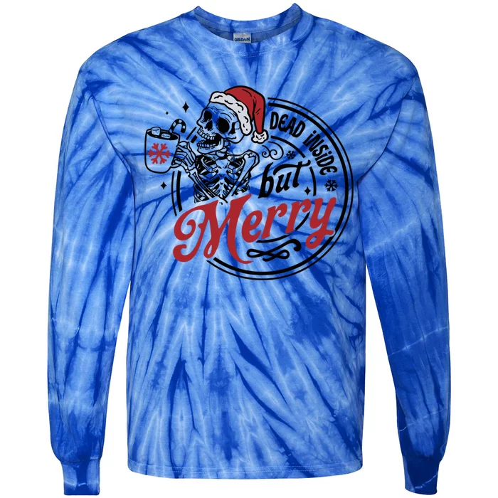 Dead Inside But Merry Retro Skeleton Christmas Santa Hats Gift Tie-Dye Long Sleeve Shirt