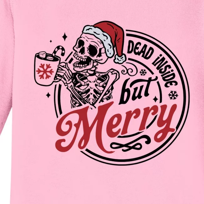 Dead Inside But Merry Retro Skeleton Christmas Santa Hats Gift Baby Long Sleeve Bodysuit