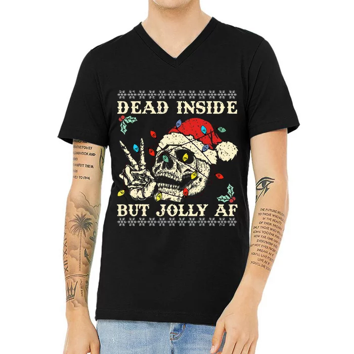 Dead Inside But Jolly AF Skeleton Santa Xmas V-Neck T-Shirt