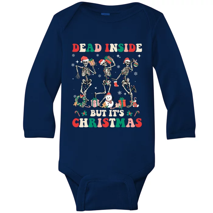 Dead Inside But ItS Christmas Retro Groovy Hippie Skeleton Gift Baby Long Sleeve Bodysuit