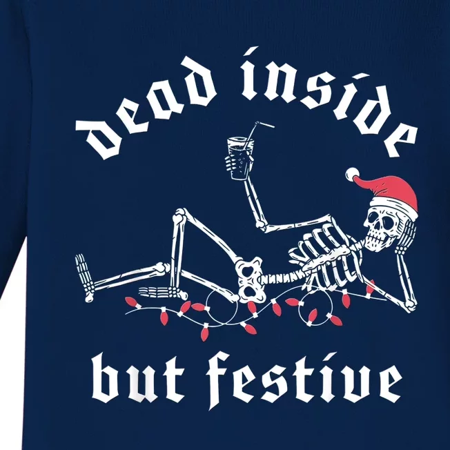 Dead Inside But Festive Christmas Skeleton Drinking Love Baby Long Sleeve Bodysuit