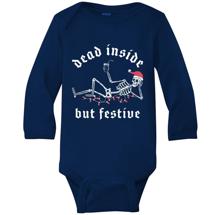 Dead Inside But Festive Christmas Skeleton Drinking Love Baby Long Sleeve Bodysuit