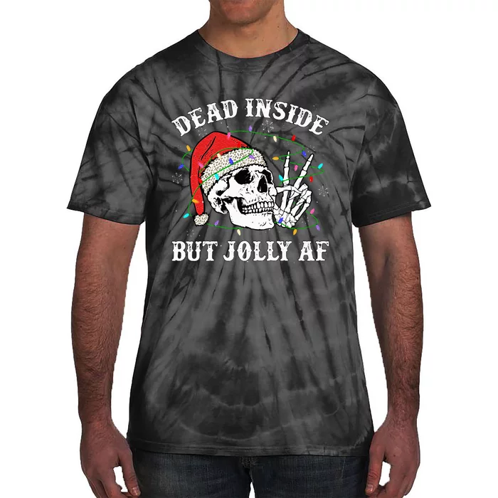 Dead Inside But Jolly Af Skull Santa Light Skeleton Pajamas Tie-Dye T-Shirt