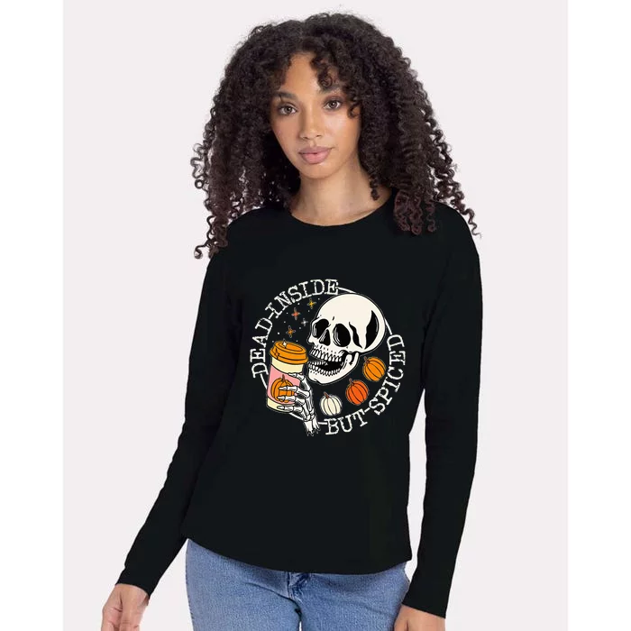 Dead Inside But Spiced Pumpkin Skull Drinking Fall Halloween Womens Cotton Relaxed Long Sleeve T-Shirt