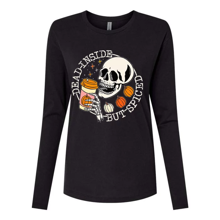 Dead Inside But Spiced Pumpkin Skull Drinking Fall Halloween Womens Cotton Relaxed Long Sleeve T-Shirt