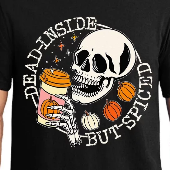 Dead Inside But Spiced Pumpkin Skull Drinking Fall Halloween Pajama Set