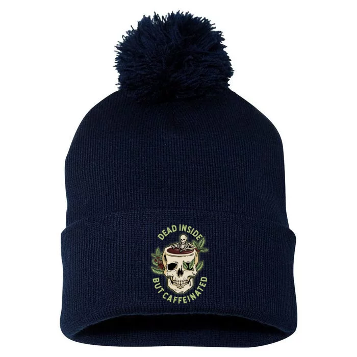 Dead Inside But Caffeinated Coffee Lover Skull Skeleton Pom Pom 12in Knit Beanie