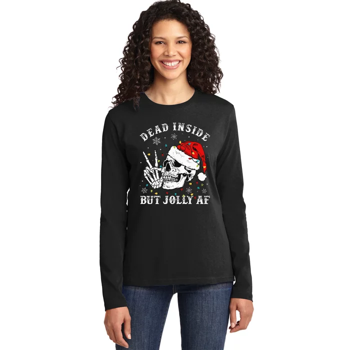 Dead Inside But Jolly AF Skeleton Santa Christmas Pajamas Ladies Long Sleeve Shirt