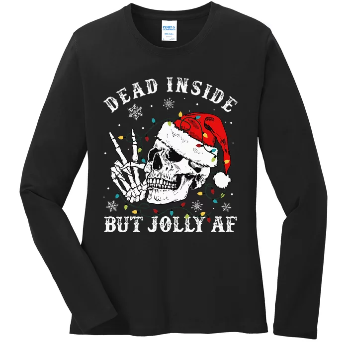 Dead Inside But Jolly AF Skeleton Santa Christmas Pajamas Ladies Long Sleeve Shirt