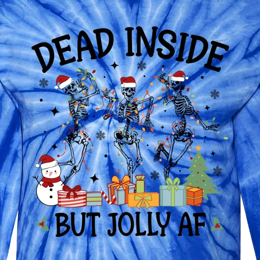 Dead Inside But Jolly Af Dancing Skeleton Graphic Christmas Gift Tie-Dye Long Sleeve Shirt