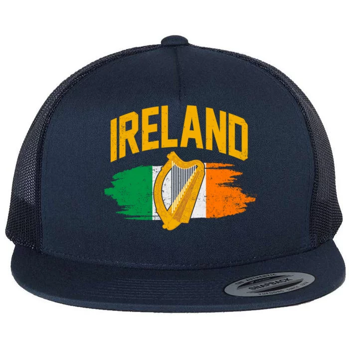 Distressed Ireland Coat Of Arms Harp Flag Flat Bill Trucker Hat