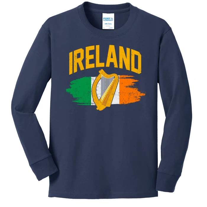 Distressed Ireland Coat Of Arms Harp Flag Kids Long Sleeve Shirt