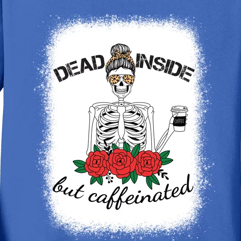 Dead Inside Caffeinated Skeleton Leopard Messy Bun Bleached Gift Kids Long Sleeve Shirt