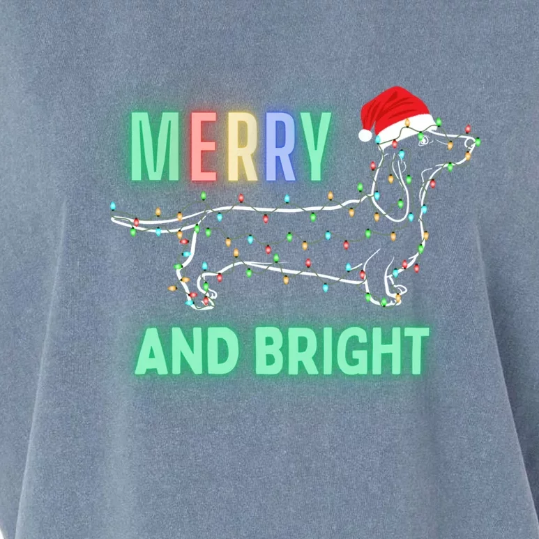 Dachshund In Christmas Lights Santa Hat Merry And Bright Meaningful Gift Garment-Dyed Women's Muscle Tee