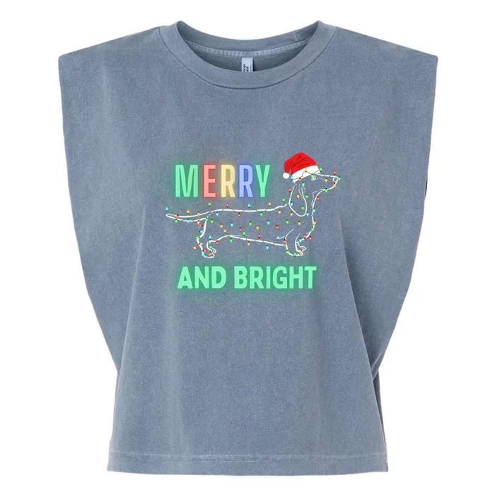 Dachshund In Christmas Lights Santa Hat Merry And Bright Meaningful Gift Garment-Dyed Women's Muscle Tee