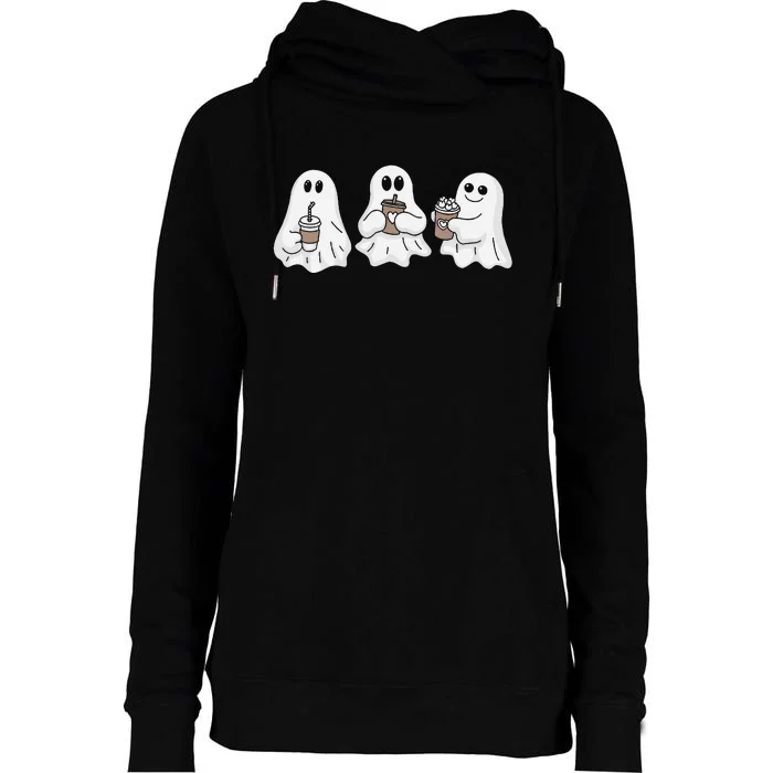 Drinking Ice Coffee Latte Beverage Ghost Halloween Womens Funnel Neck Pullover Hood