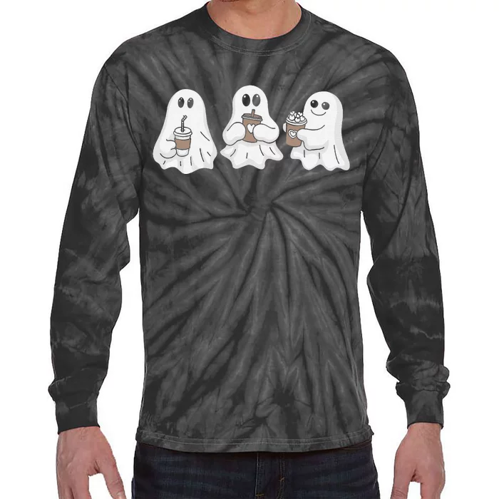 Drinking Ice Coffee Latte Beverage Ghost Halloween Tie-Dye Long Sleeve Shirt