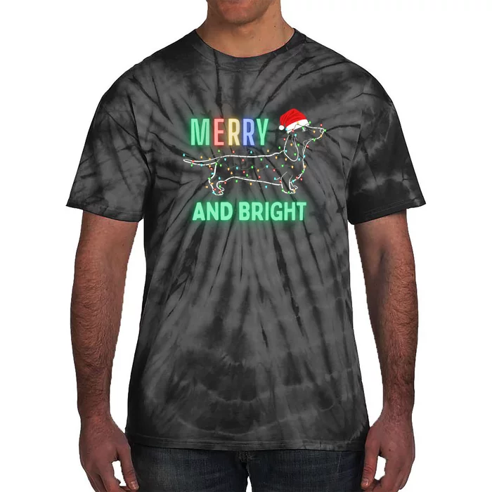 Dachshund In Christmas Lights Santa Hat Merry And Bright Tie-Dye T-Shirt