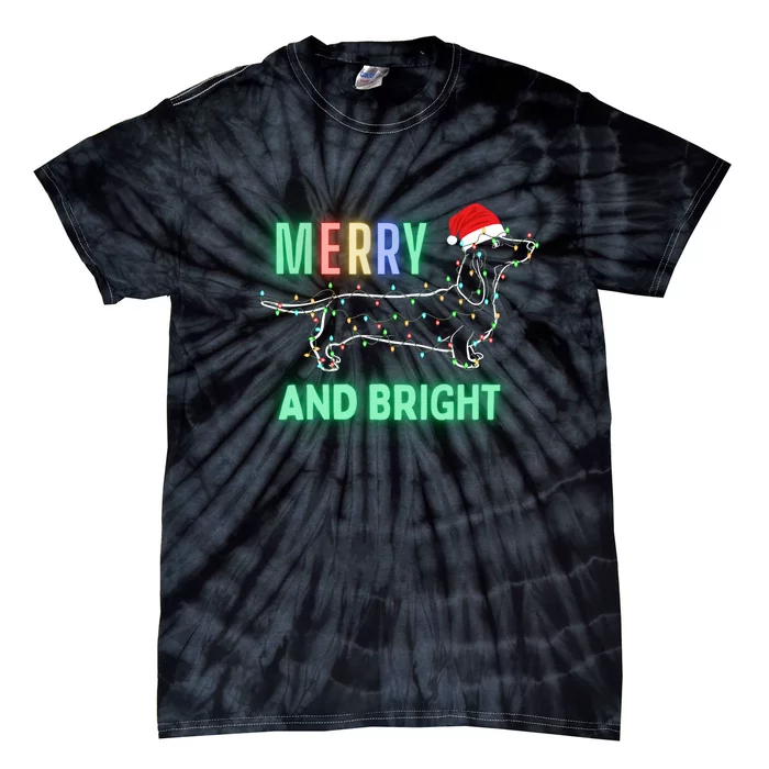 Dachshund In Christmas Lights Santa Hat Merry And Bright Tie-Dye T-Shirt