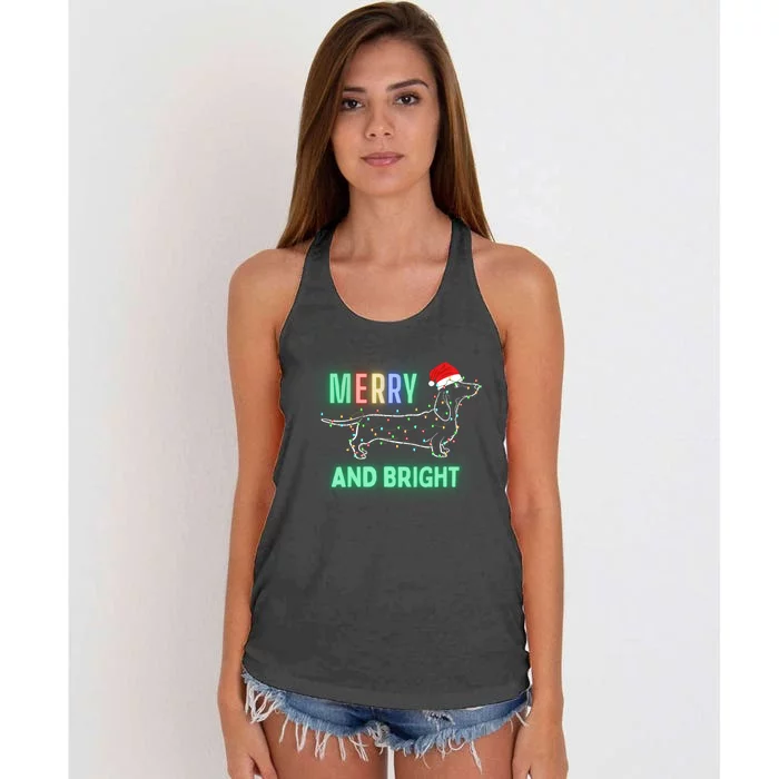 Dachshund In Christmas Lights Santa Hat Merry And Bright Women's Knotted Racerback Tank