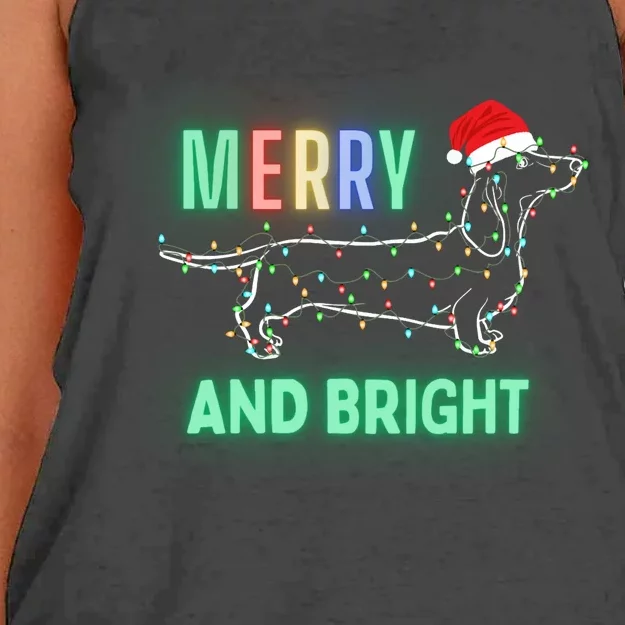 Dachshund In Christmas Lights Santa Hat Merry And Bright Women's Knotted Racerback Tank