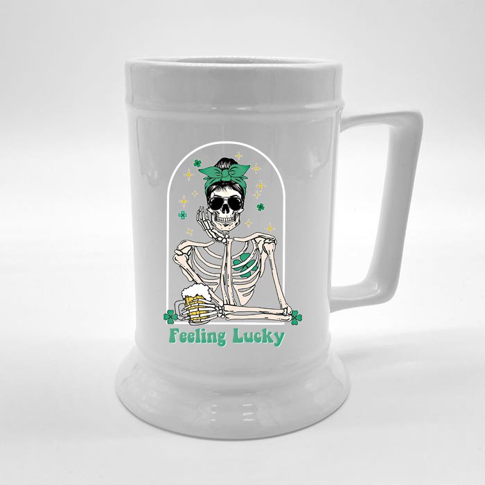 Dead Inside Feeling Lucky Skeleton Shamrocks Patrick's Day Great Gift Front & Back Beer Stein