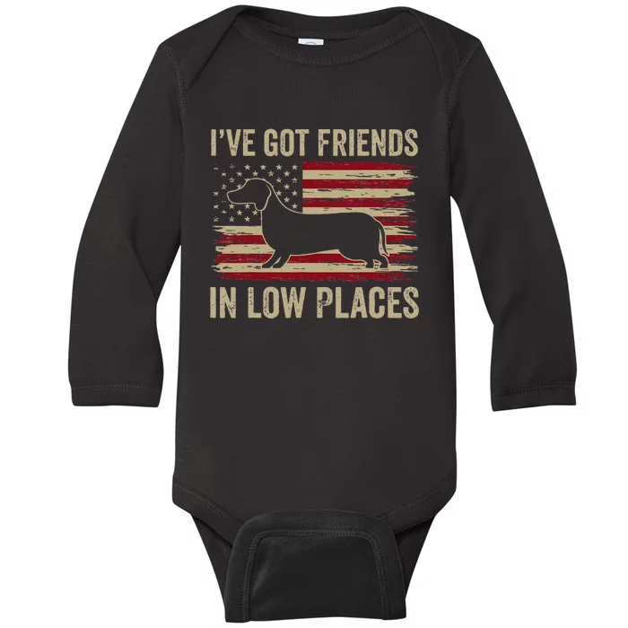 Dachshund Ive Got Friends In Low Places Wiener Dog Vintage Baby Long Sleeve Bodysuit