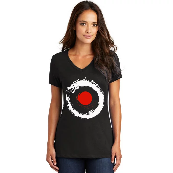 Dragon In Japanese Zen Buddhist Enso Circle Women's V-Neck T-Shirt