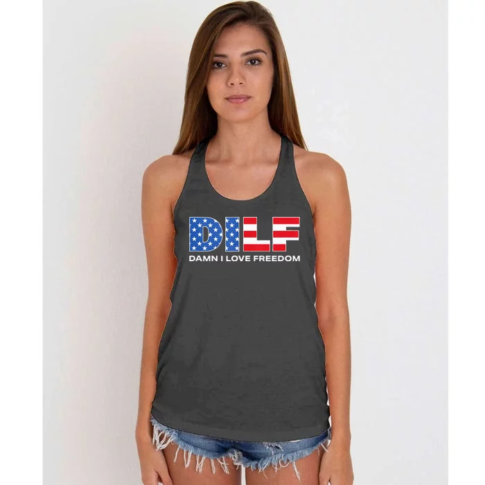 Damn I Love Freedom Dilf Funny Patriotic Dad Fathers Day Women's Knotted Racerback Tank