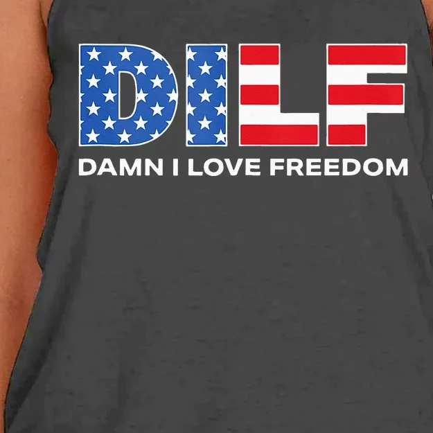 Damn I Love Freedom Dilf Funny Patriotic Dad Fathers Day Women's Knotted Racerback Tank