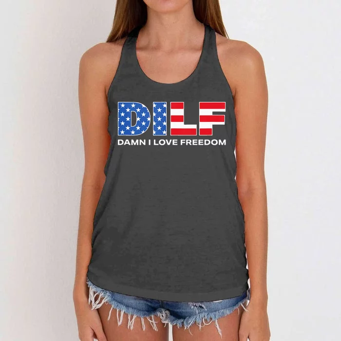 Damn I Love Freedom Dilf Funny Patriotic Dad Fathers Day Women's Knotted Racerback Tank